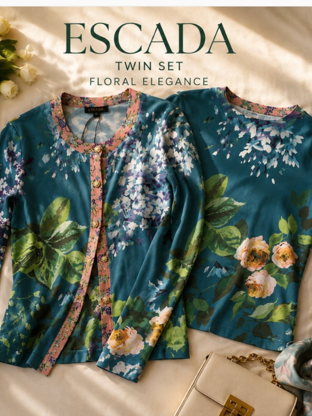 Escada Floral Print Luxury Twin Set Gold Buttons EU S NWT